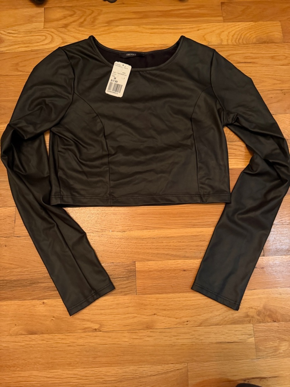 Forever 21 Black Faux Leather Cropped Long-Sleeve Top